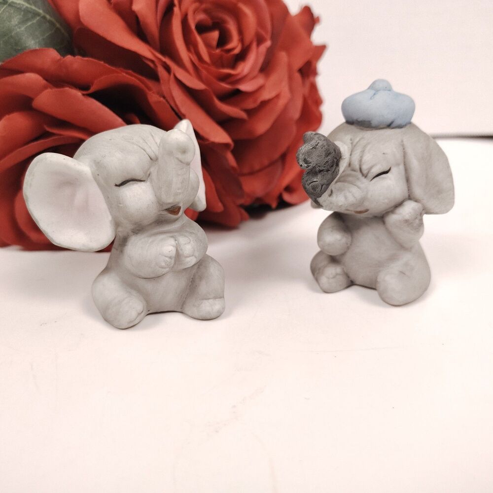Vtg Pair Of Elephant Figurines Playful Nursery Mouse On Trunk Decor Taiwan Made